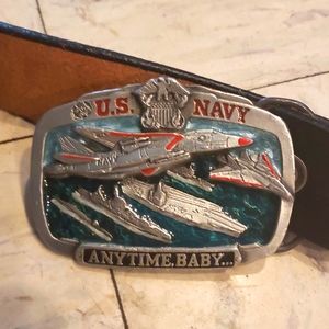 Pewter leather us navy belt